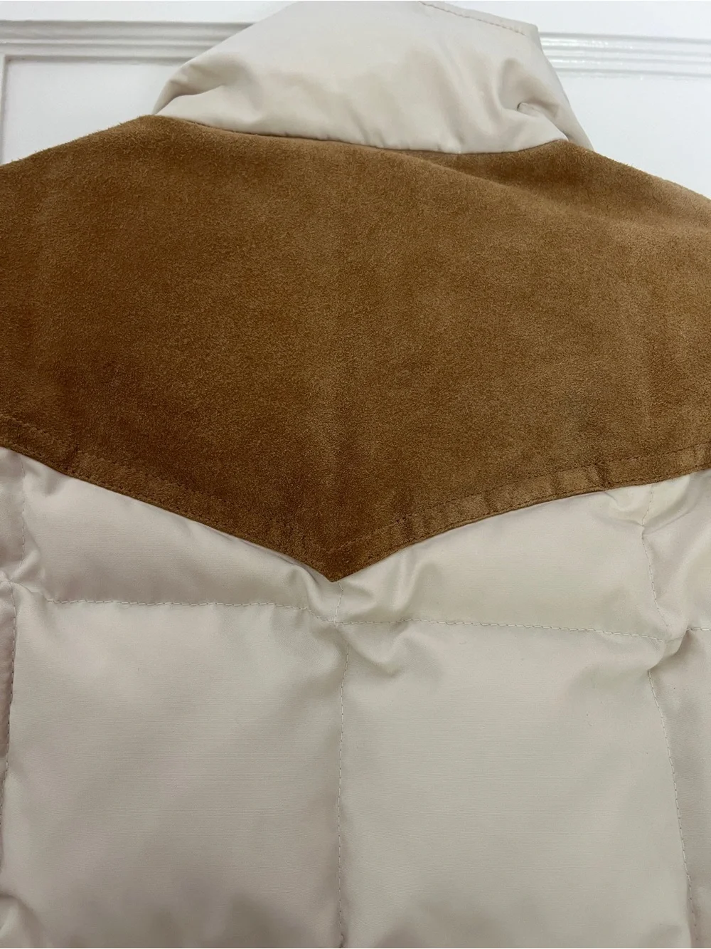 Ralph Lauren Cream Puffer Jacket with Brown Suede Yoke
